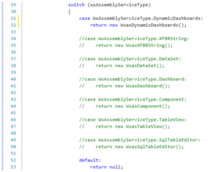 Sample Service Factory with a DynamicDashboard that has a yellow highlight line on lines 31-32.